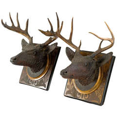 Antique Pair of Black Forest Wall Plaques with Antlers