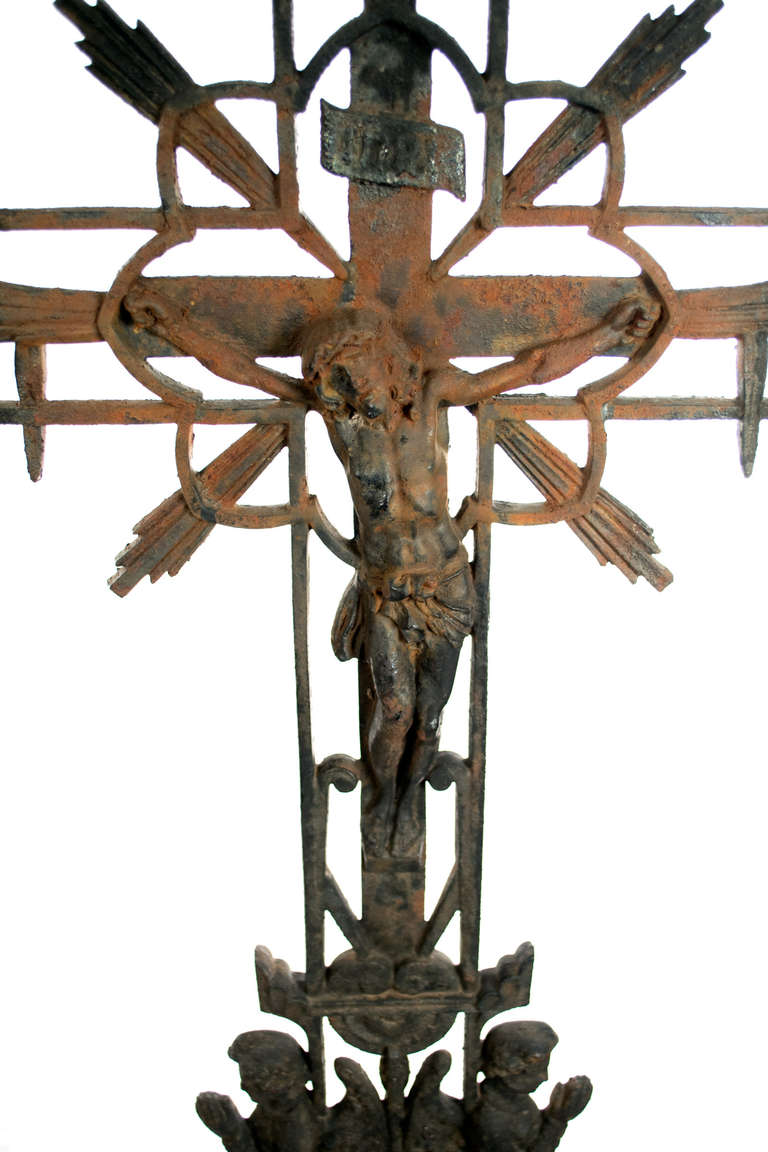 Monumental French Sculpted and Wrought Iron Crucifix
