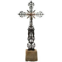Monumental French Sculpted and Wrought Iron Crucifix