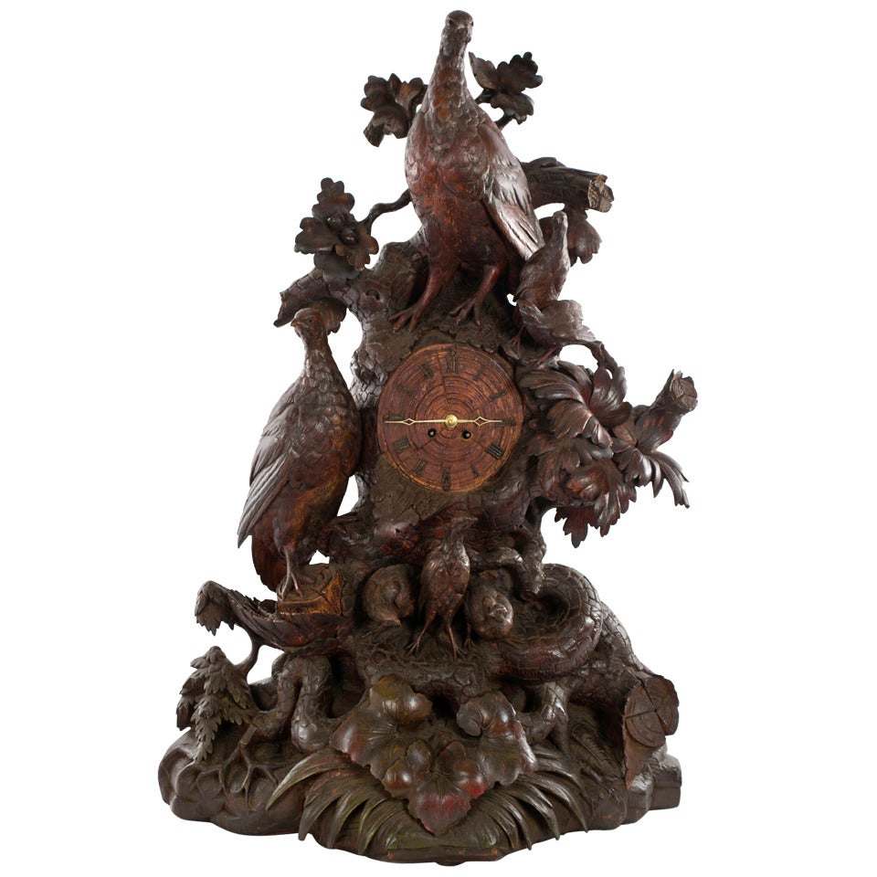Monumental Black Forest Mantel Clock with Grouse