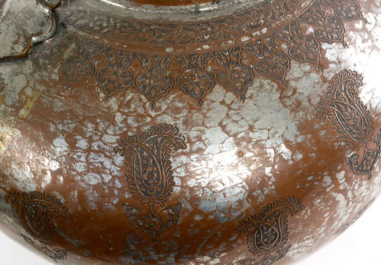 Large Indian Silver over Copper Hammered Kettle In Good Condition In Salt Lake City, UT