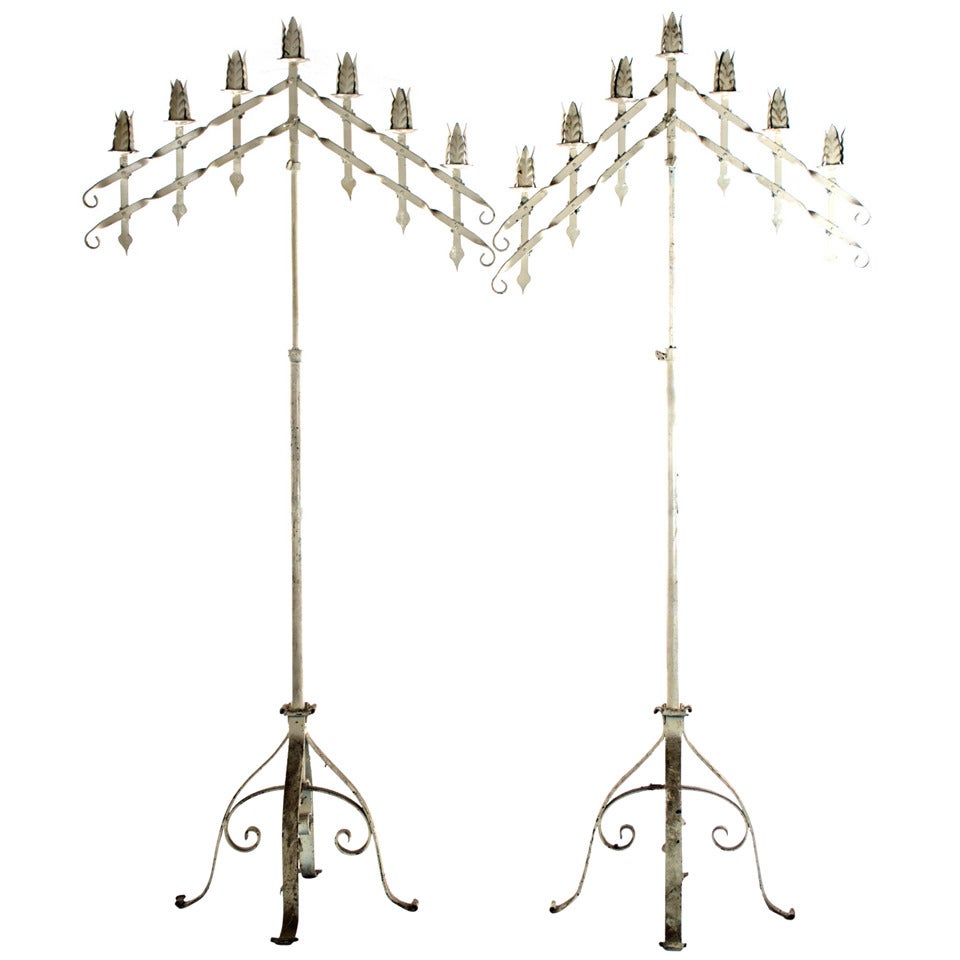 Pair of French Monumental Adjustable Wrought-Iron Candelabras