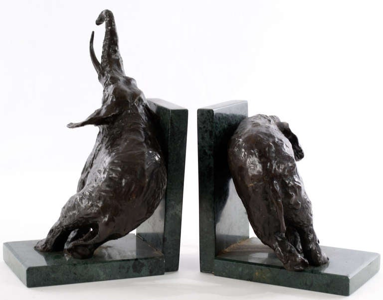 20th Century Pair of Bronze Elephant Bookends on Marble Plinths