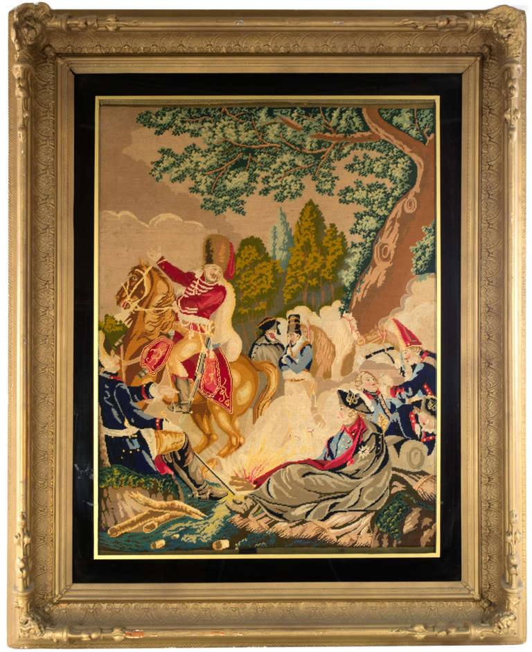 A finely made and well-preserved needlepoint and beaded painting of an English battle scene from the early 19th or late 18th centuries. 

Framed: 48.5