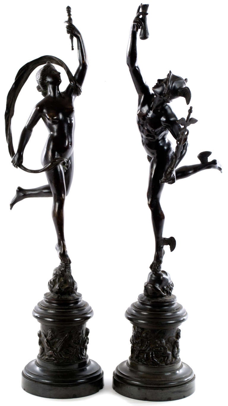 Made after models by the High-Renaissance sculptor Giambologna (Italian, 1529 - 1608), these beautifully sculpted, finely chased, and dark bronze sculpture depict the Gods Mercury (i.e. Hermes), the messenger of men and immortals, and Venus (i.e.