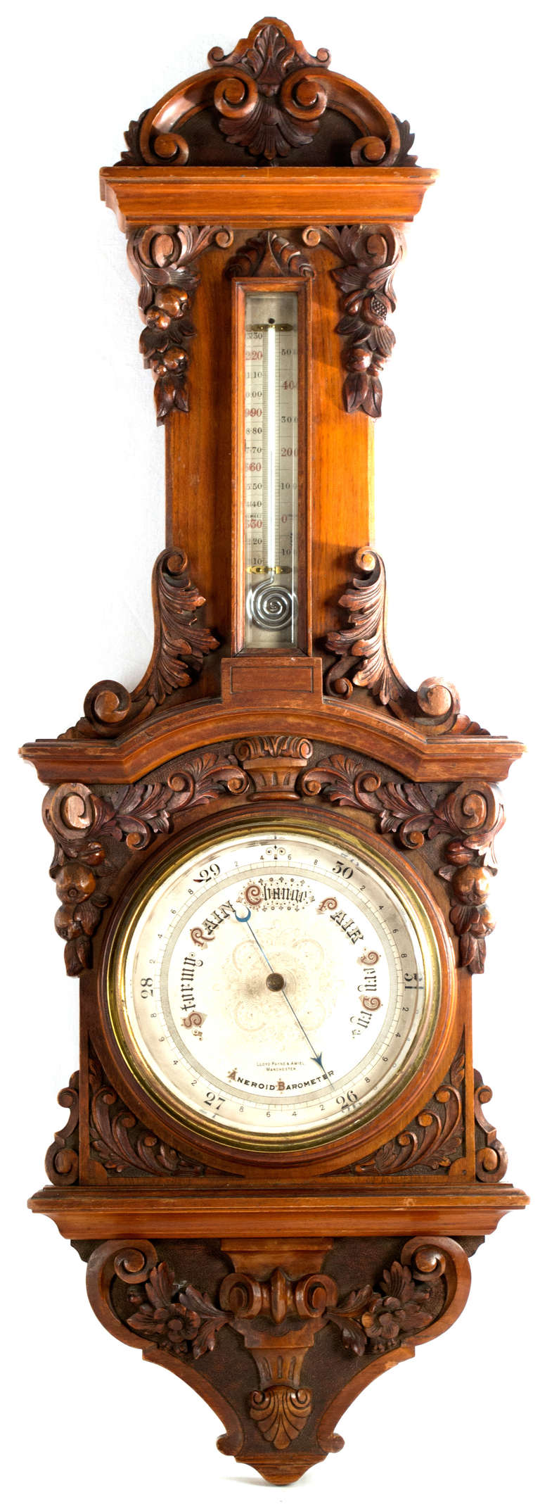 19th Century English Carved Walnut Barometer and Thermometer