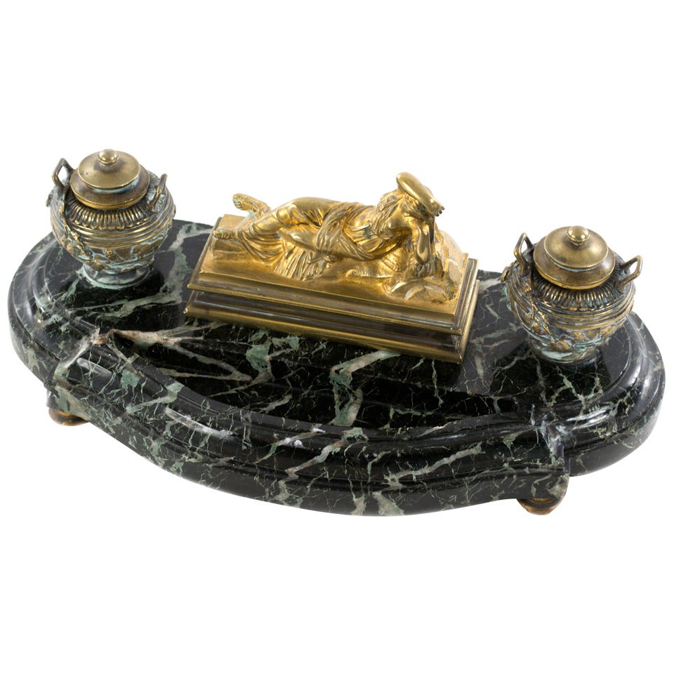 Large Bronze and Marble Inkstand of Sleeping Ariadne For Sale