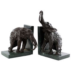 Vintage Pair of Bronze Elephant Bookends on Marble Plinths