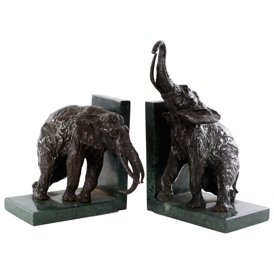 Pair of Bronze Elephant Bookends on Marble Plinths