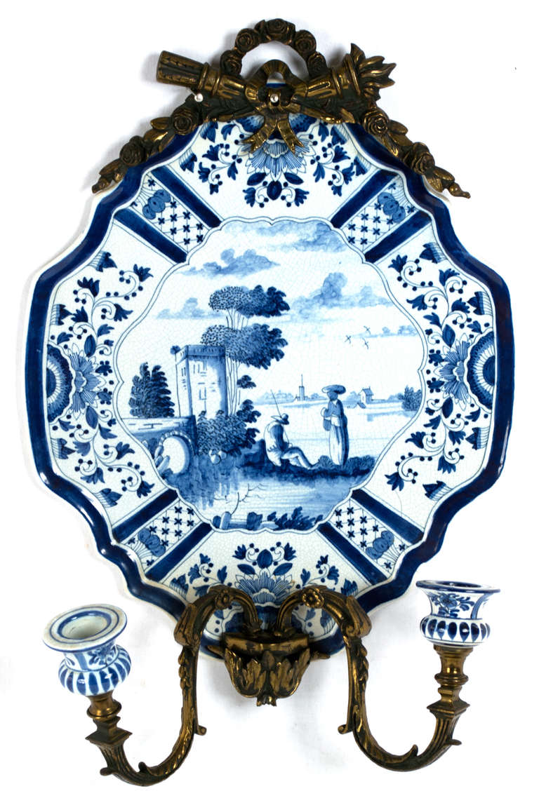Dutch Pair of Delft, Blue and White Wall Sconces