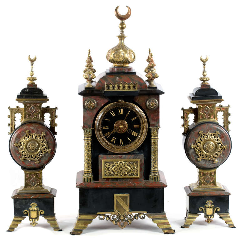 Marble and Ormolu Orientalist French Clock Mantel and Clock Garniture