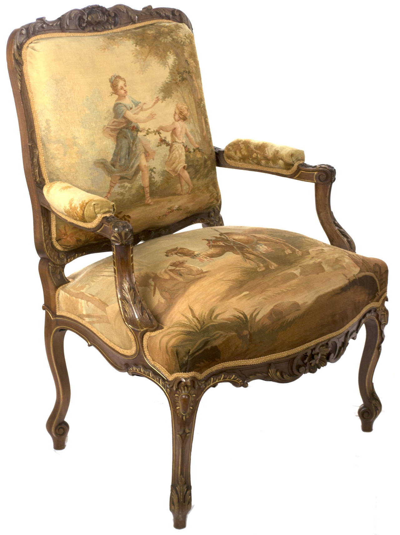 Two very fine Louis XV-style chairs of carved and parcel gilt walnut, upholstered in petit- and gros-point needlework in bright colors depicting scenes and country life, including one unusual chair with an exotic camel.
Date: c. 1870
Dimensions: