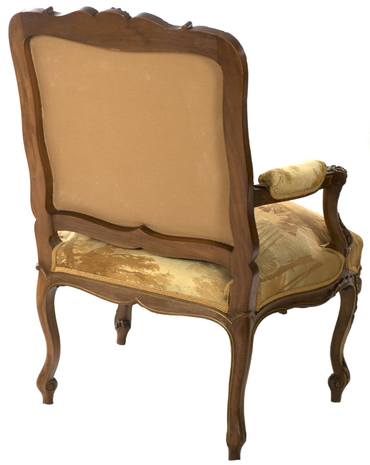 French A Pair of Parcel-gilt Aubusson Tapestry Walnut Armchairs For Sale