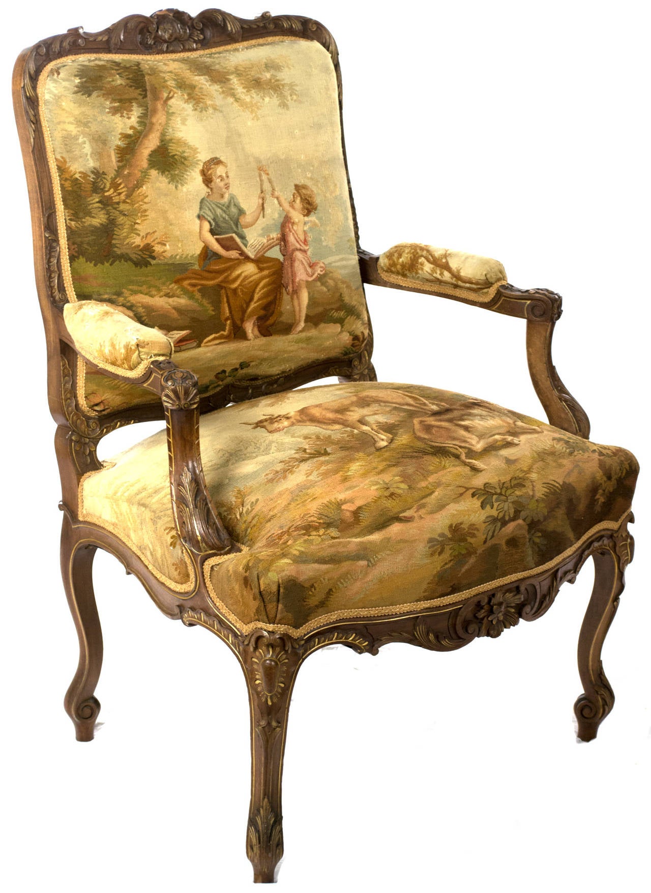 Gilt A Pair of Parcel-gilt Aubusson Tapestry Walnut Armchairs For Sale