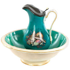 Antique Very Fine Ocean Themed Water Pitcher and Basin