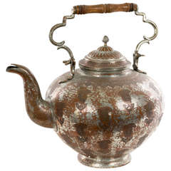 Large Indian Silver over Copper Hammered Kettle
