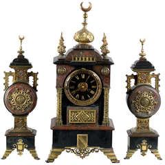 Marble and Ormolu Orientalist French Clock Mantel and Clock Garniture