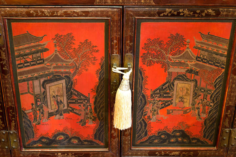 Painted Unusual Red Lacquer Qing Dynasty Center Cabinet