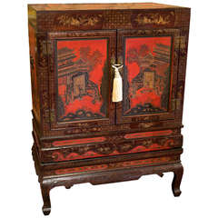 Unusual Red Lacquer Qing Dynasty Center Cabinet
