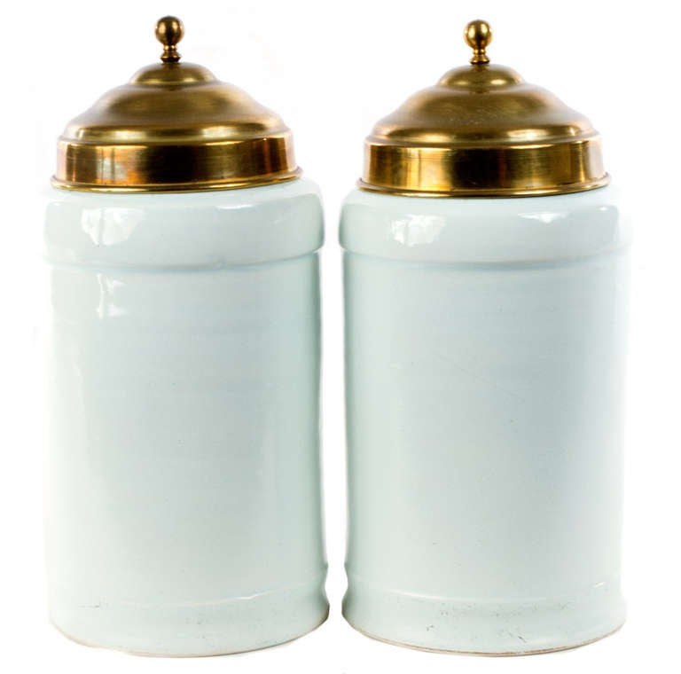 Pair of Royal Dutch Apothecary Jars with Brass Covers In Good Condition In Salt Lake City, UT