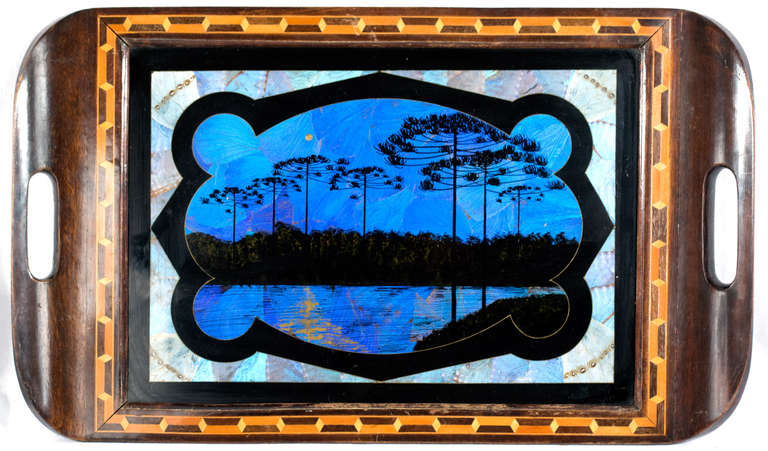 A mahogany tray with parquetry in exotic woods, the center of the tray features a bright blue ground that is made entirely of butterfly wings. Painted on these wings is a landscape of acacia trees, native to Brazil.