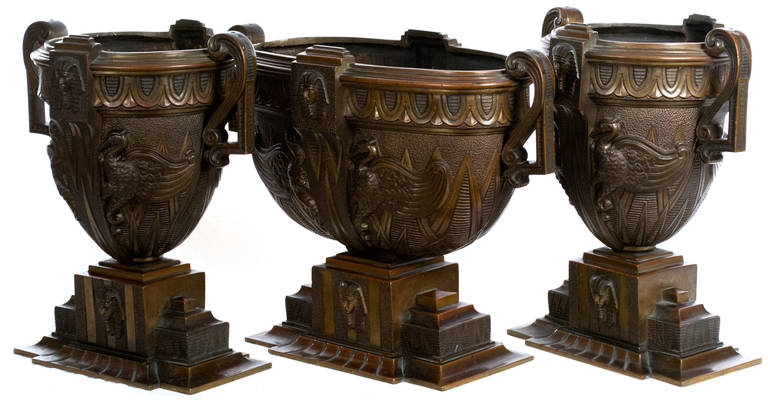 Set of Large Bronze Art Deco, Egyptian Revival Garniture Vases In Good Condition In Salt Lake City, UT
