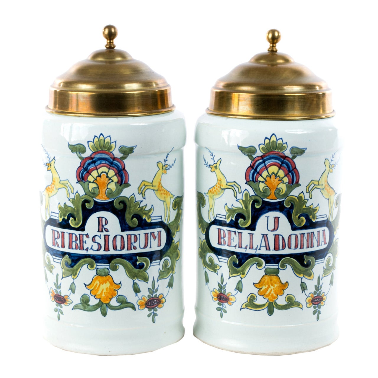 Pair of Royal Dutch Apothecary Jars with Brass Covers