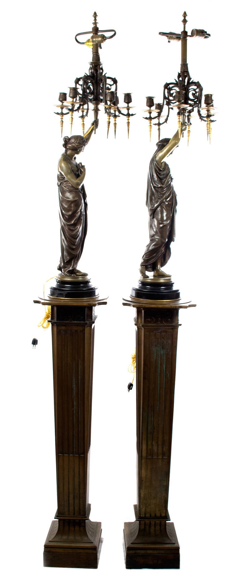 French Pair of Monumental Bronze Candelabra Sculptures on Stands by Émile Picault