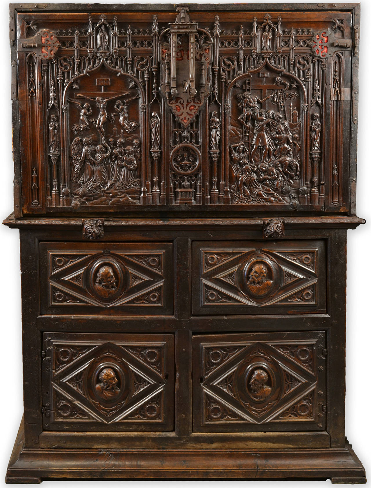 16th Century Spanish Vargueño with Limoges Enamel Drawer Fronts