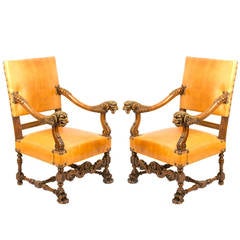 Pair of Carved Walnut Winged Lion Armchairs