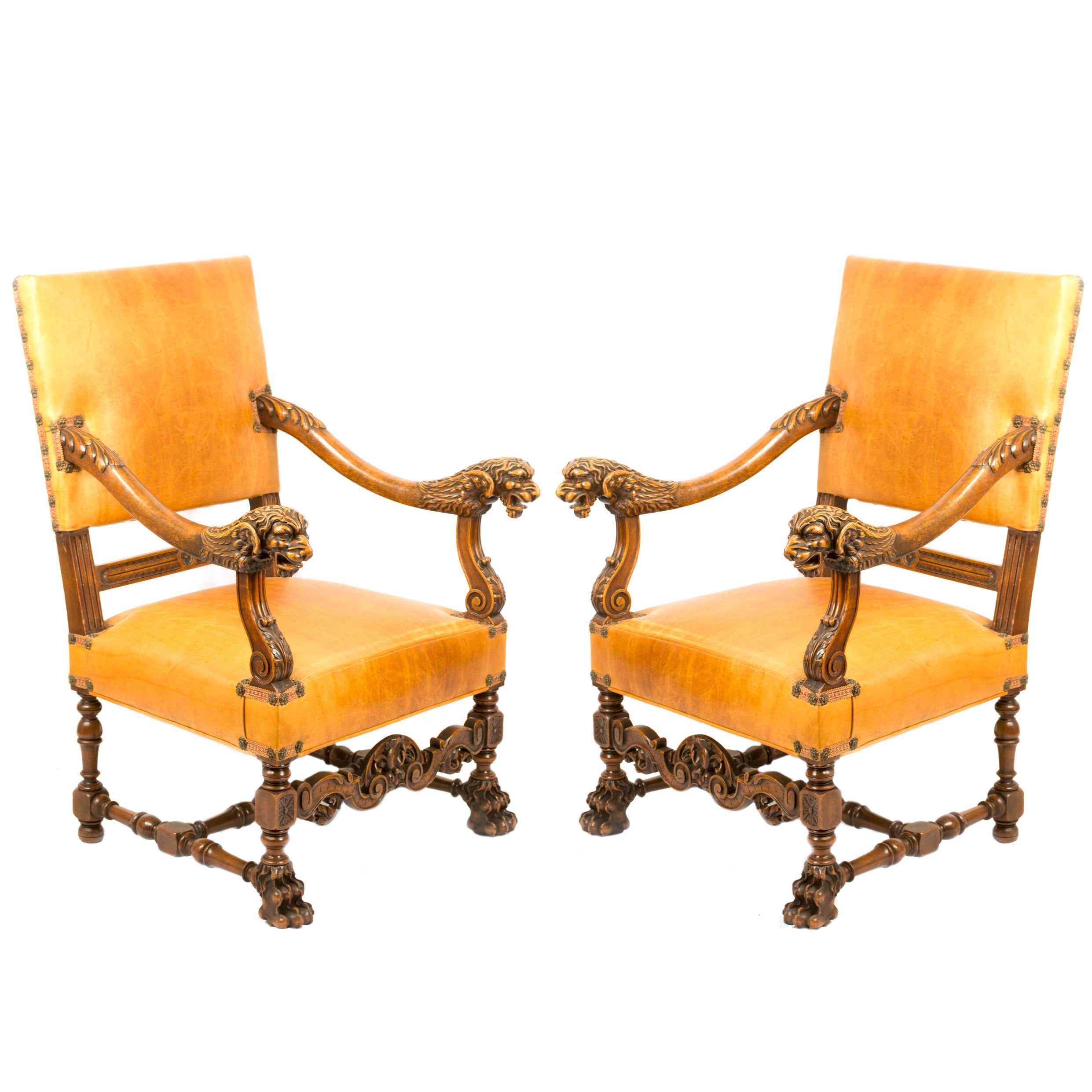 Pair of Carved Walnut Winged Lion Armchairs