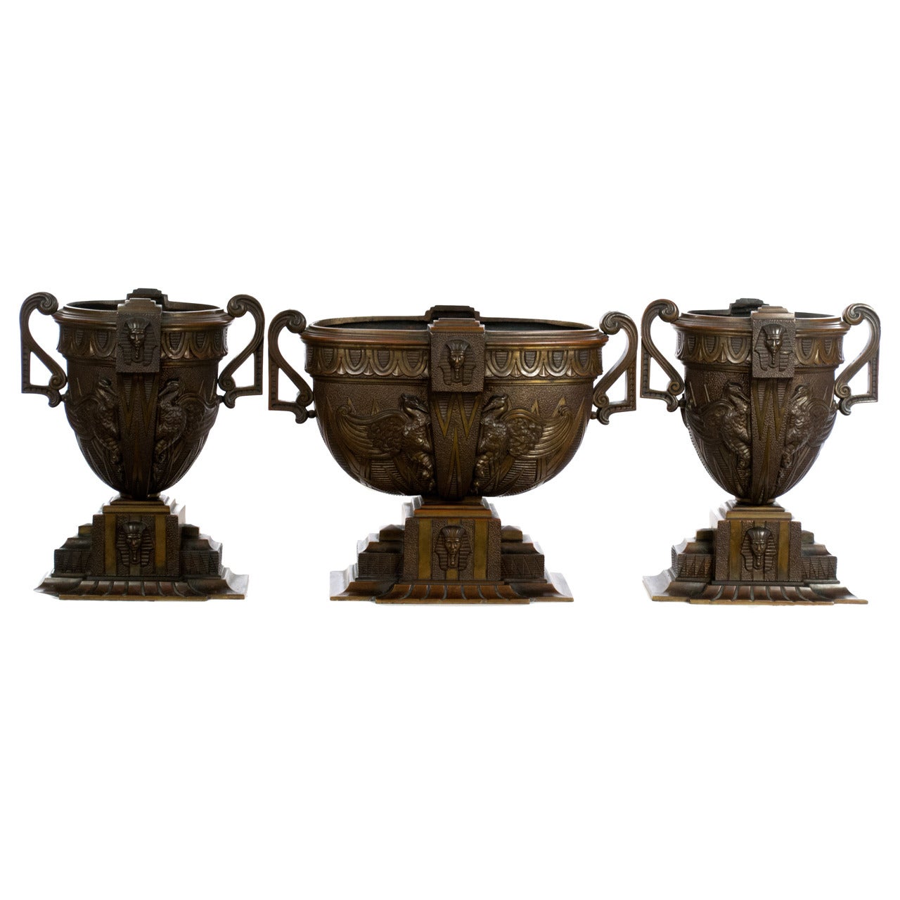 Set of Large Bronze Art Deco, Egyptian Revival Garniture Vases