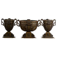 Set of Large Bronze Art Deco, Egyptian Revival Garniture Vases