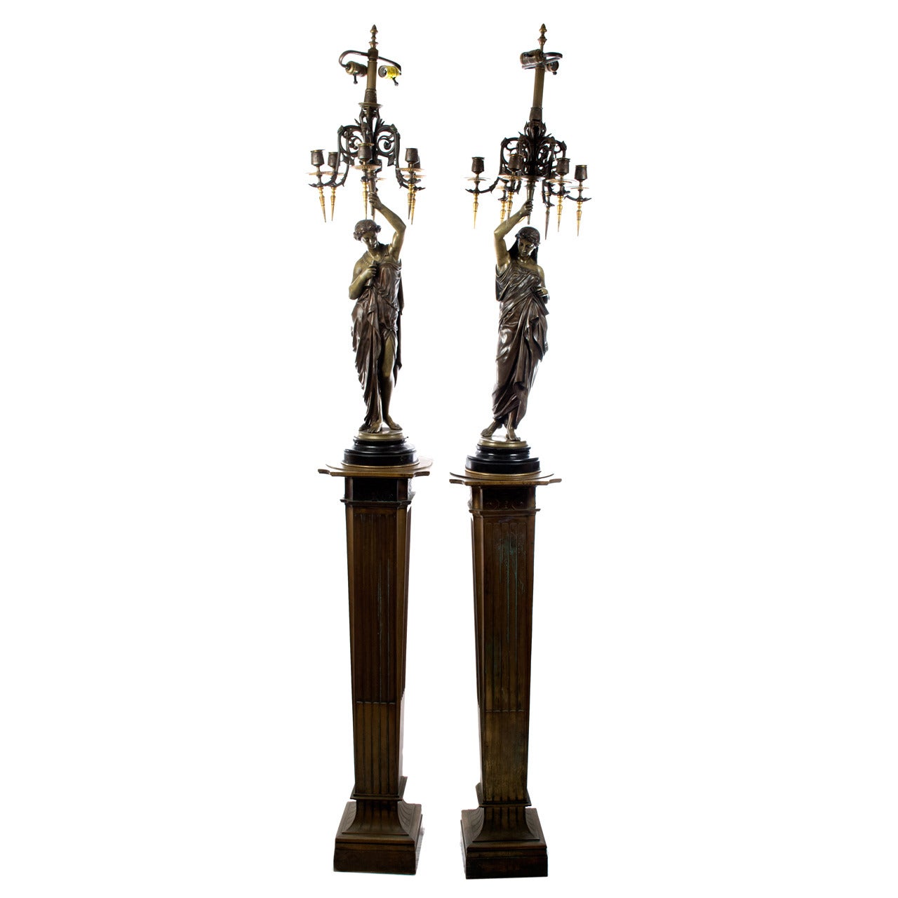 Pair of Monumental Bronze Candelabra Sculptures on Stands by Émile Picault