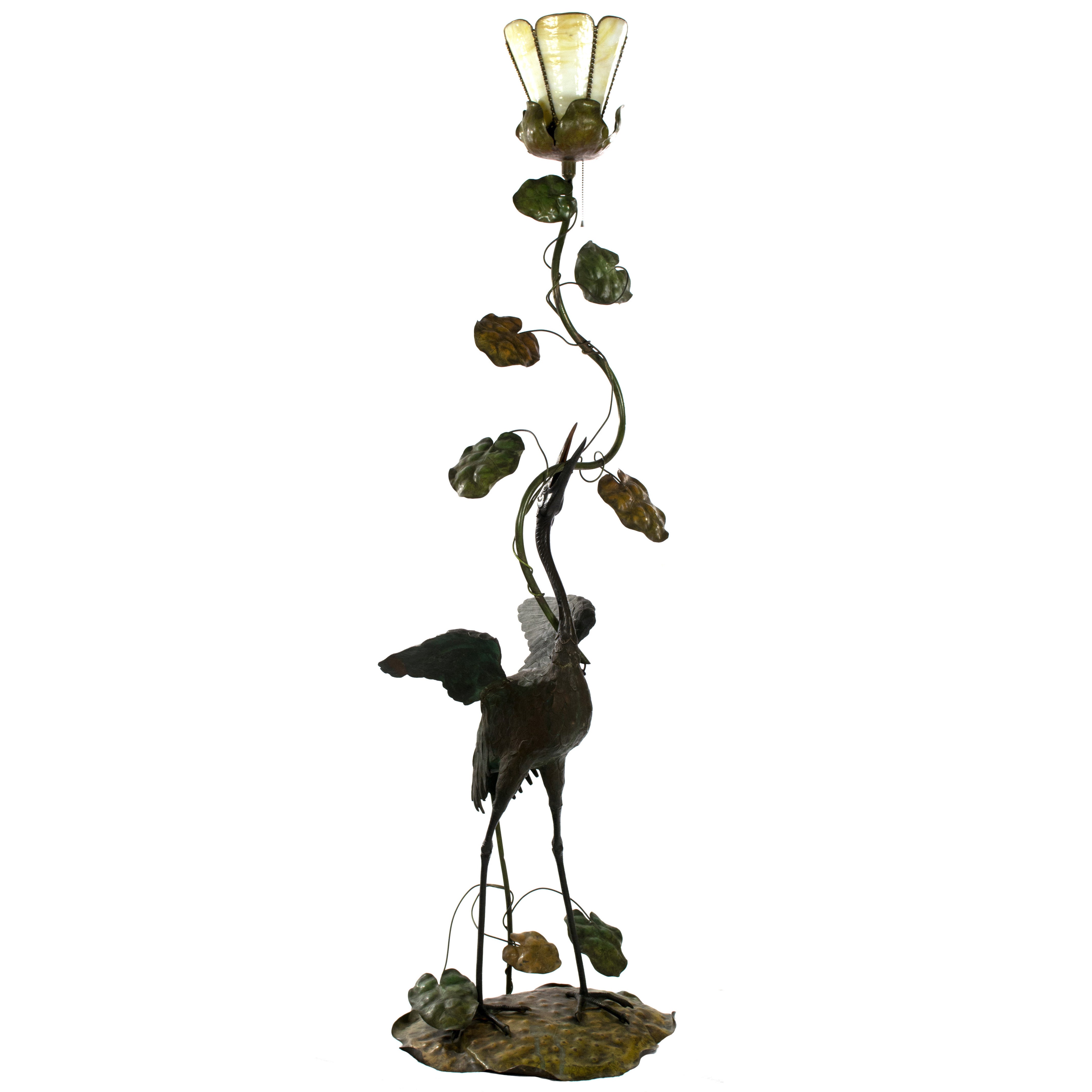 Japanese Heron Floor Lamp in Bronze with Slag Glass Shade For Sale