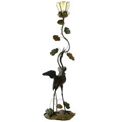 Japanese Heron Floor Lamp in Bronze with Slag Glass Shade