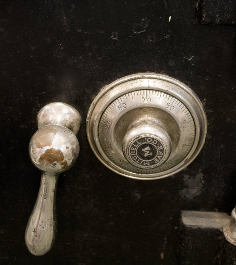 A working early American safe by Mitchell & Company (Philadelphia, PA) with a blue interior, including additional compartments.