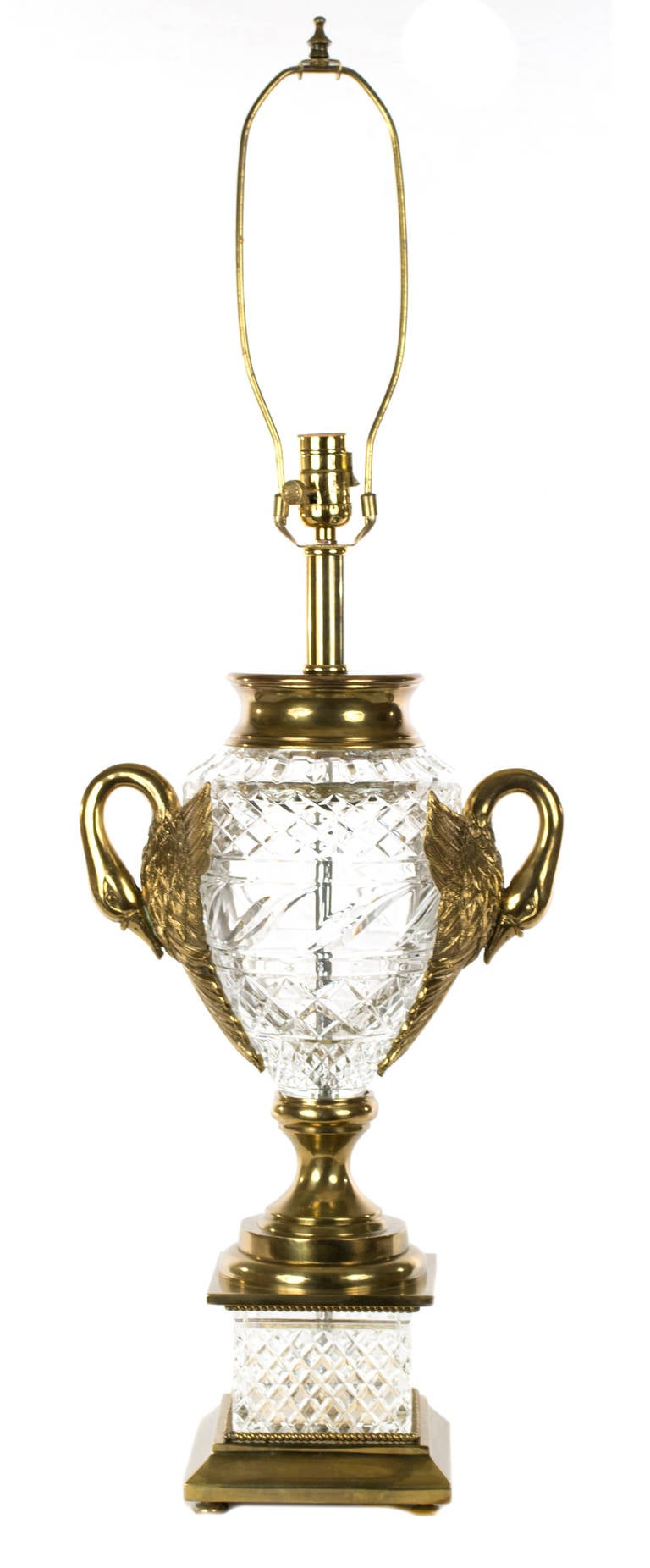 A mid-century ormolu and crystal swan table lamp