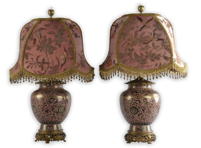 Japonisme Pair of Mejii Famille Rose Cloisonné Table Lamps