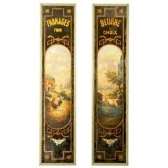 Pair of Glass Panels from a Paris Fromagerie with Country Scenes