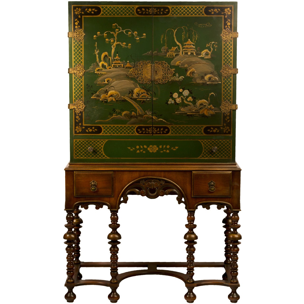 Green Lacquered Chinoiserie Cabinet on Stand