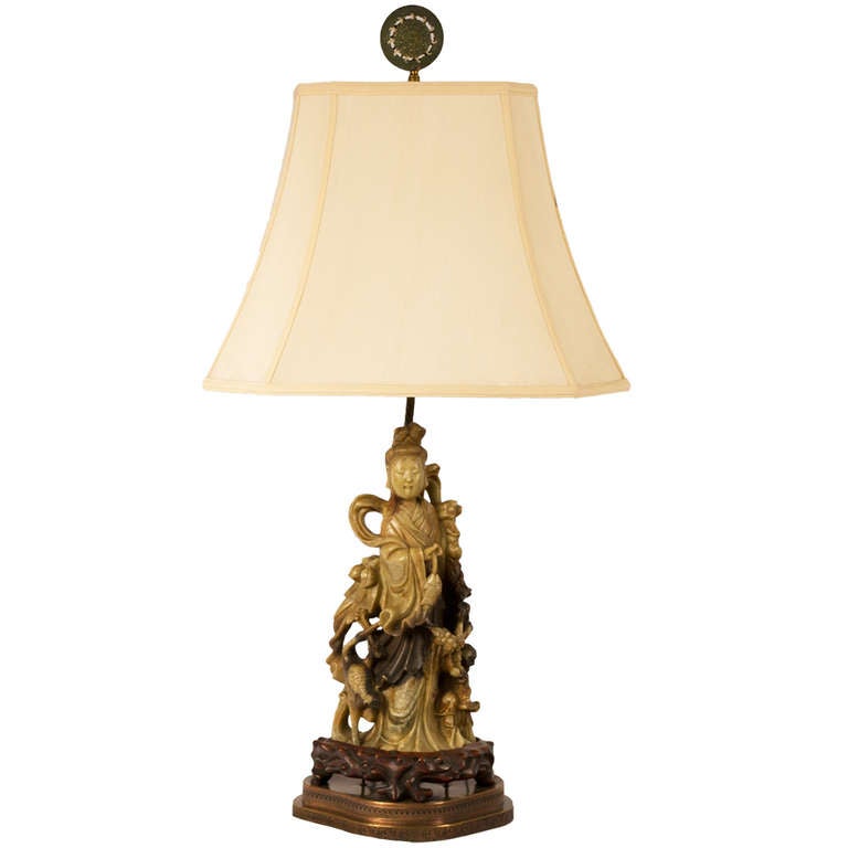 Qing Dynasty Soapstone Table Lamp of Goddess For Sale at 1stDibs