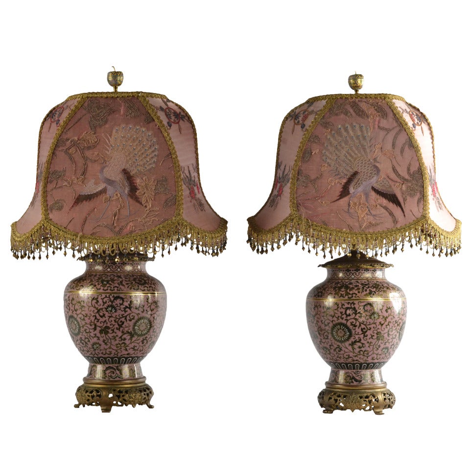 Pair of Mejii Famille Rose Cloisonné Table Lamps