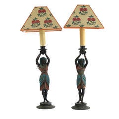 Pair of Polychromed Metal Egyptian-Themed Lamps