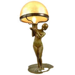 Art Nouveau Figural Bronze Lamp with Art Glass Shade