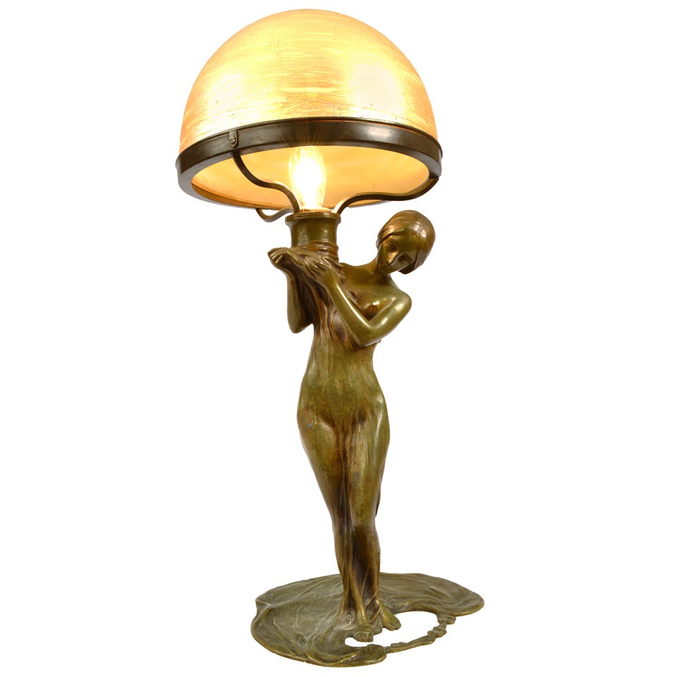 Art Nouveau Figural Bronze Lamp with Art Glass Shade