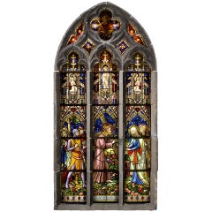 Suite of Three Religious Stained Glass Windows with Original Stone Traceries