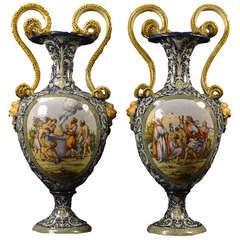Large Pair of Italian Maiolica Istoriato Vases