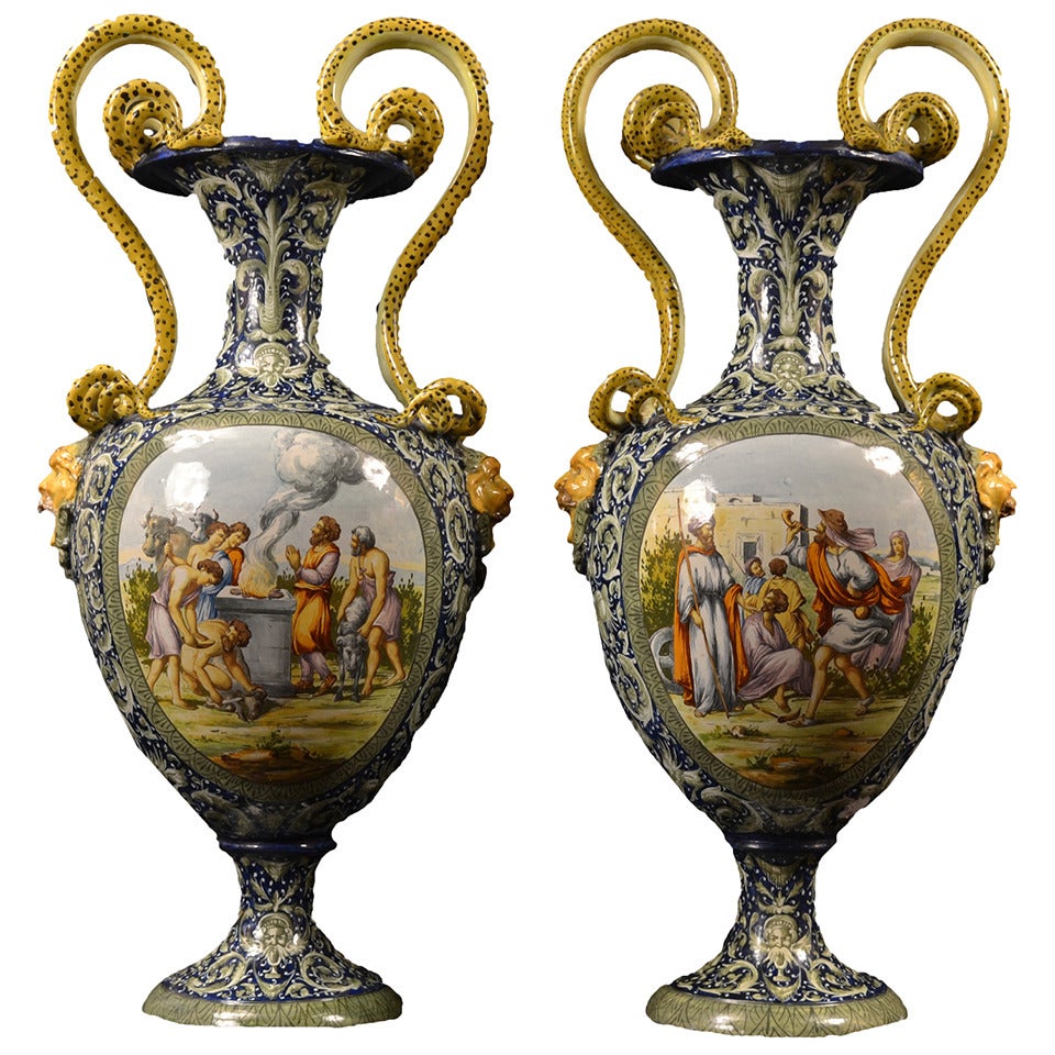 Large Pair of Italian Maiolica Istoriato Vases For Sale