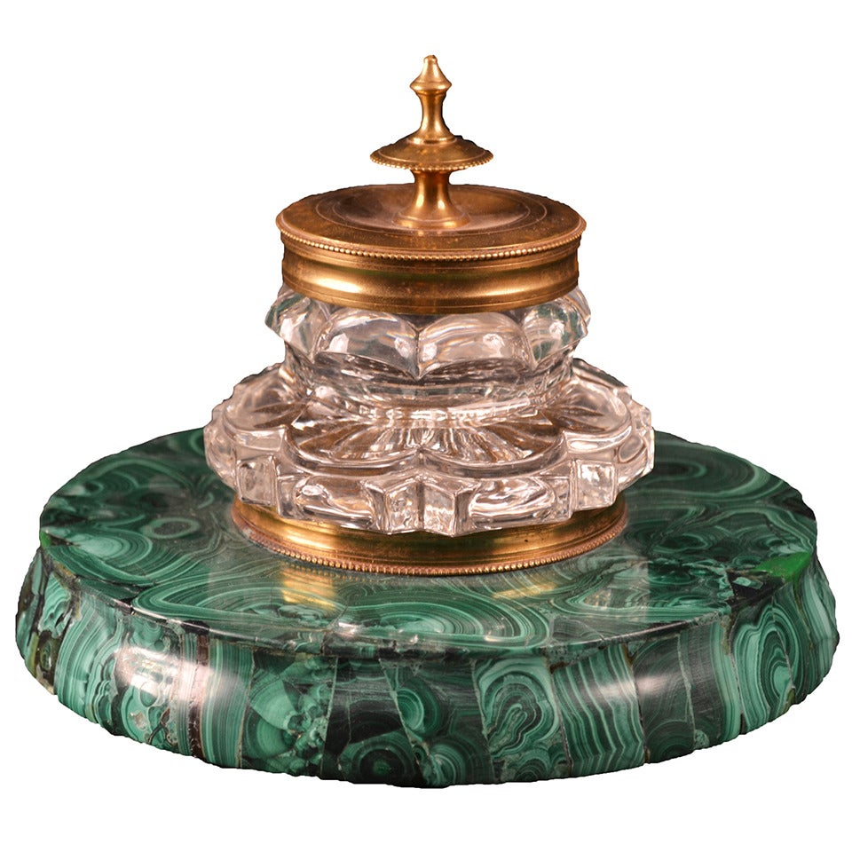 Russian Malachite & Cut Glass Inkwell For Sale